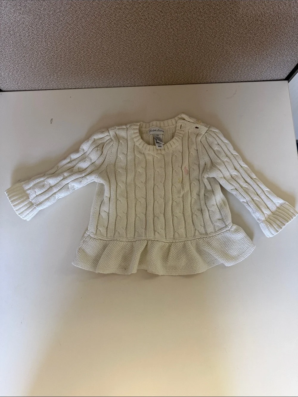 Ralph Lauren Baby Polo Cream Cable-Knit Peplum Crew Sweater 12M
